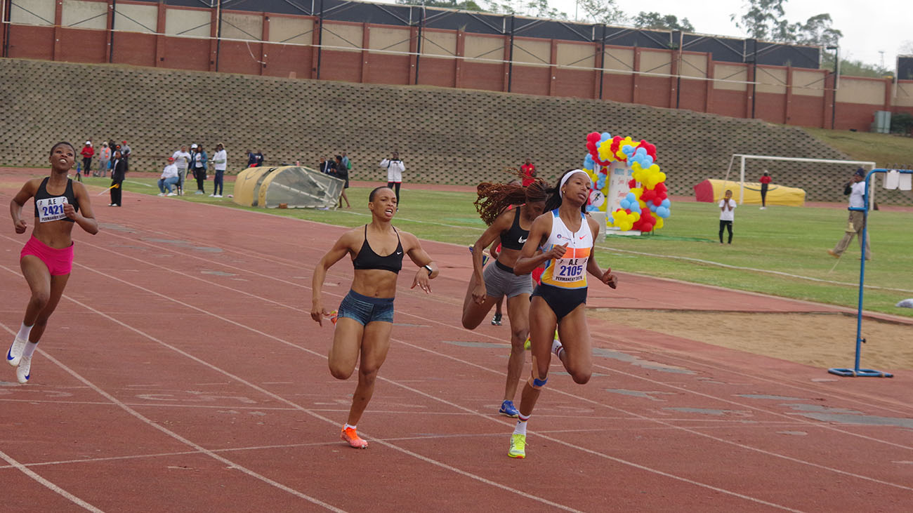 REPS’ Bongiwe Mahlalela edged out tough competition from Mozambican athletes to win the women’s 100m final in 12.41 seconds. (Pic: Sanele Jele)